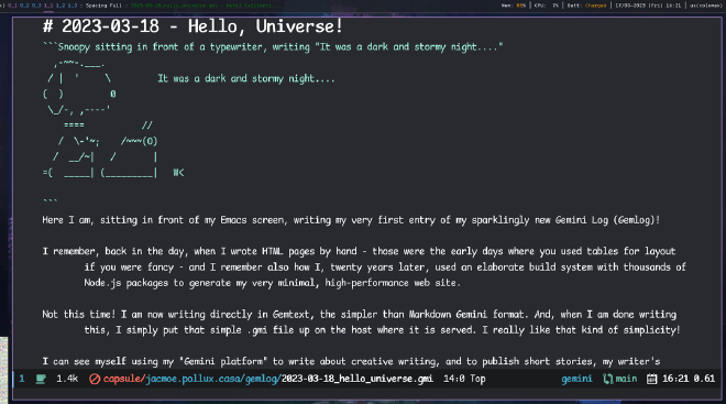 My Hello, Universe! entry of my Gemini-protocol Log as rendered by Lagrange