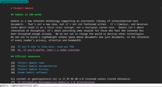 The Gemini-protocol home page as rendered by Amfora